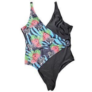 Size S Kian D Black Zebra & Floral Print with Shoulder Straps Swimsuit